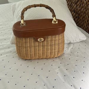 J McLaughlin wicker/brown leather trimmed bamboo handle purse